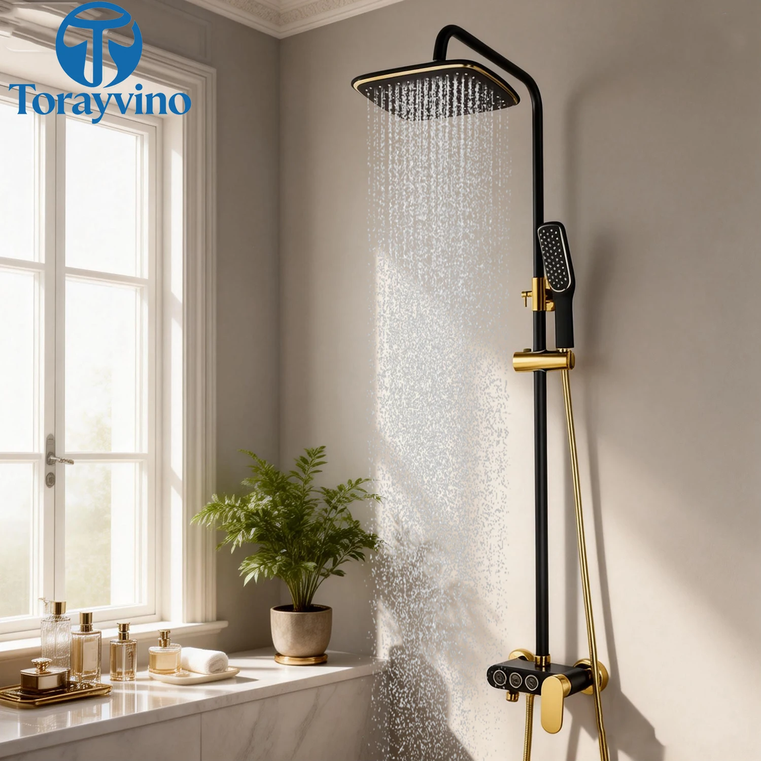 Bathroom Black Shower Set Wall Mounted douche black gold Rainfall Shower Mixer Tap Faucet 3-functions Mixer Valve Good Quality
