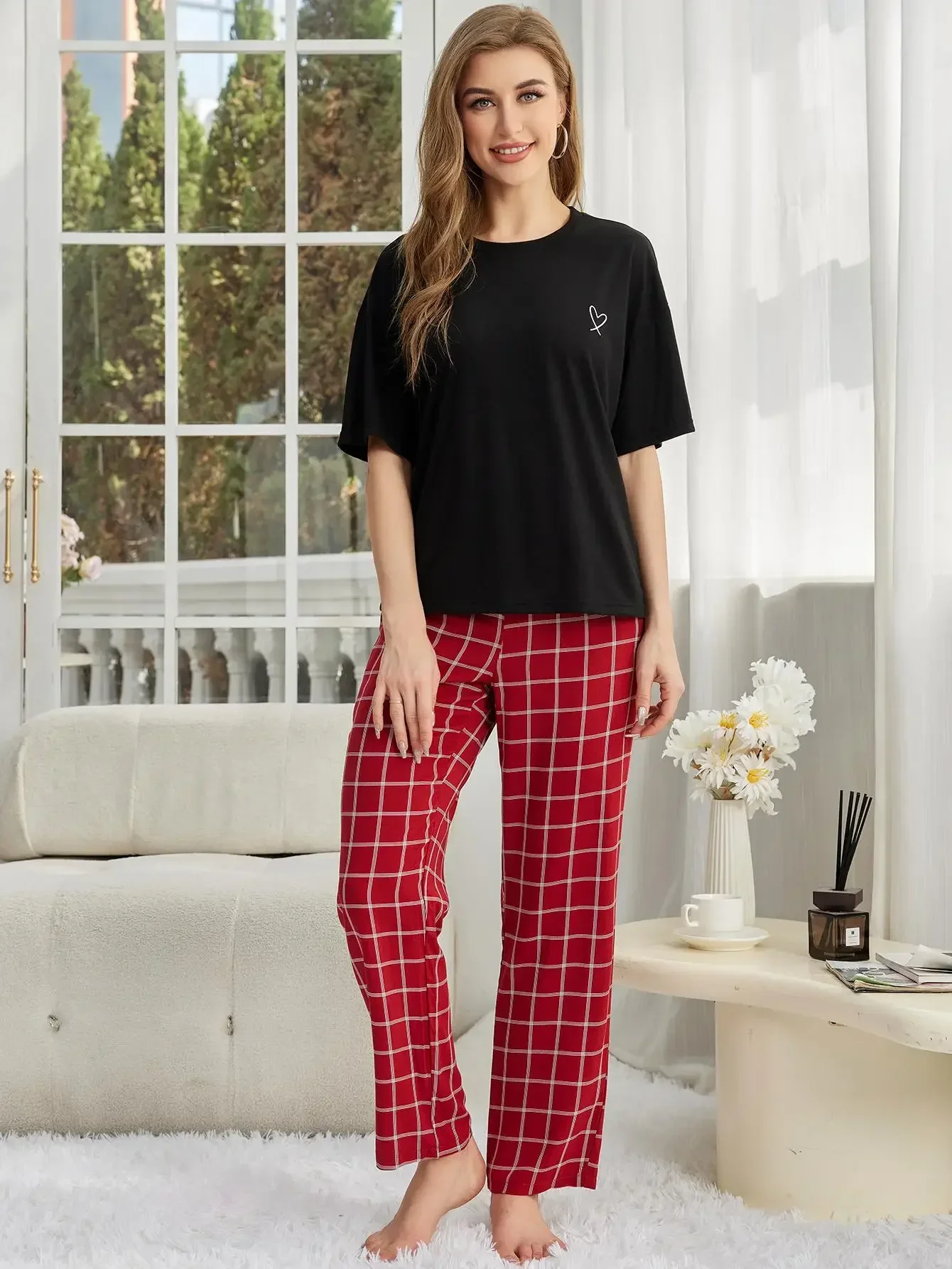 Heart Print Women Pajama Sets Short Sleeves Top & Full-Length Plaid Pants Female 2 Pieces Sleepwear Atumn Spring Fall Homwear