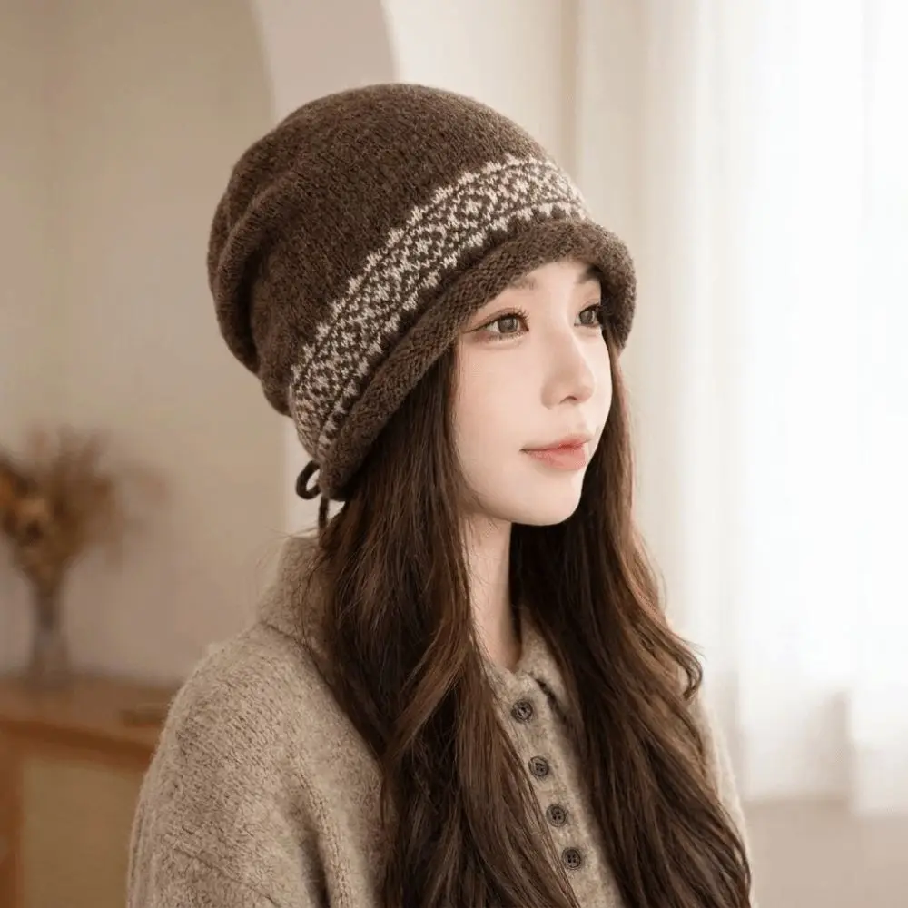 Vintage Women's Beanie Slouchy Fit Jacquard Pattern Slouchy Beanie Adjustable Drawstring Large Head Circumference