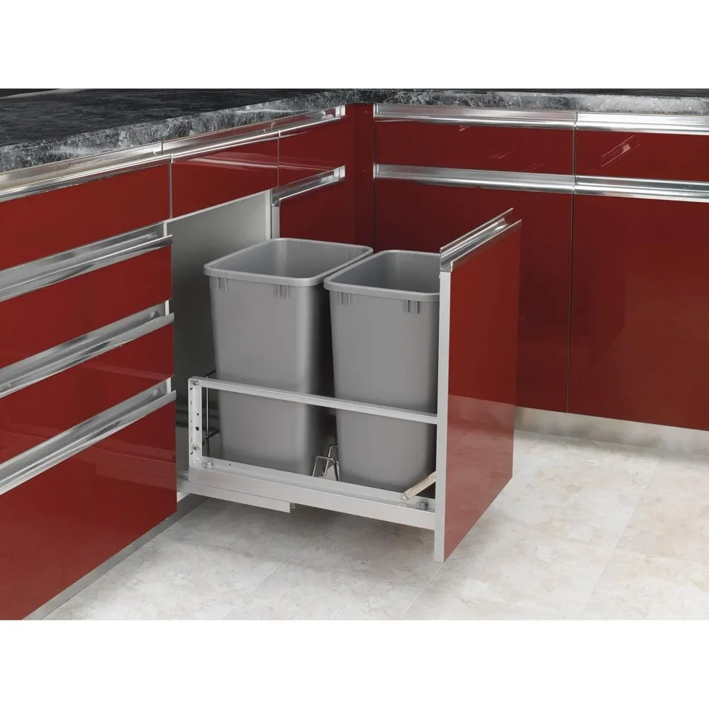 Double 35 quart kitchen cabinet with 2 trash cans and wire baskets, silver