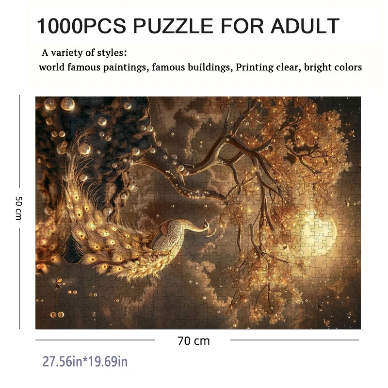 70*50cm 1000pieces Paper Puzzle Adult Puzzle Peacock in the MoonlightDifficulty Jigsaw Puzzle Relaxing Craft Home Wall Decro