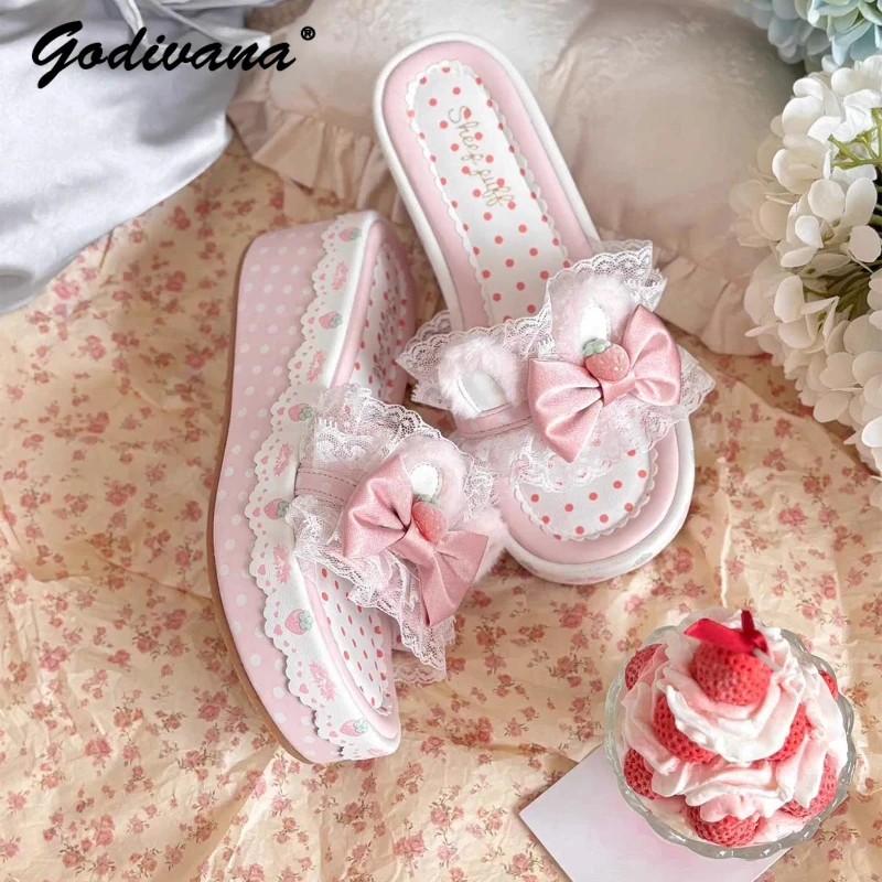 

Lolita Sweet Sandals New Girls Kawaii Polka Dot Strawberry Sandals Bowknot Women's Thick Bottom Elegant Slippers