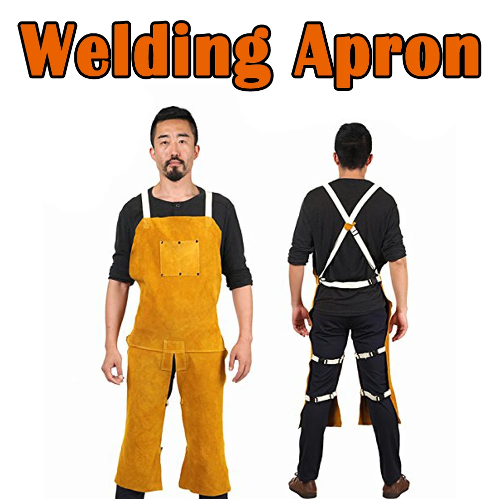 Heavy Duty Welding Clothing Cowhide Leather Welding Apron Split Leg Heat Resistant Bib Apron with Pockets for Anti Heat Flame