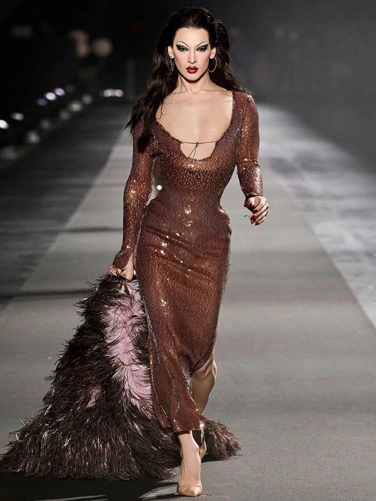 فساتين مثيرة بأكمام طويلة لعام 2025 للنساء ملابس الحفلات المسائية طول الكاحل ترتر بني لامع ملابس ضيقة #2