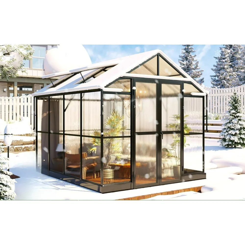 7.5x7.6x7.4 FT Aluminum Polycarbonate Greenhouse, Ventilation and Rain Gutter, Double Swing Doors with Hook, Walk in Greenhouse