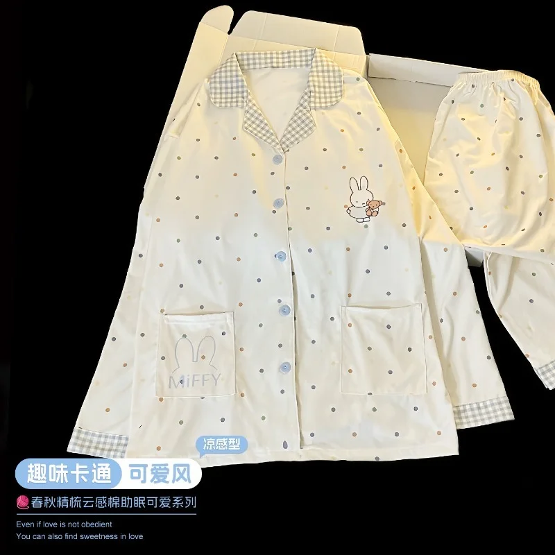 Cute Miffy Cotton Pajama Set Long Sleeve Polka Dot Plus Size Autumn Sleepwear Loungewear Homewear Indoor Lounge Clothing Outfit
