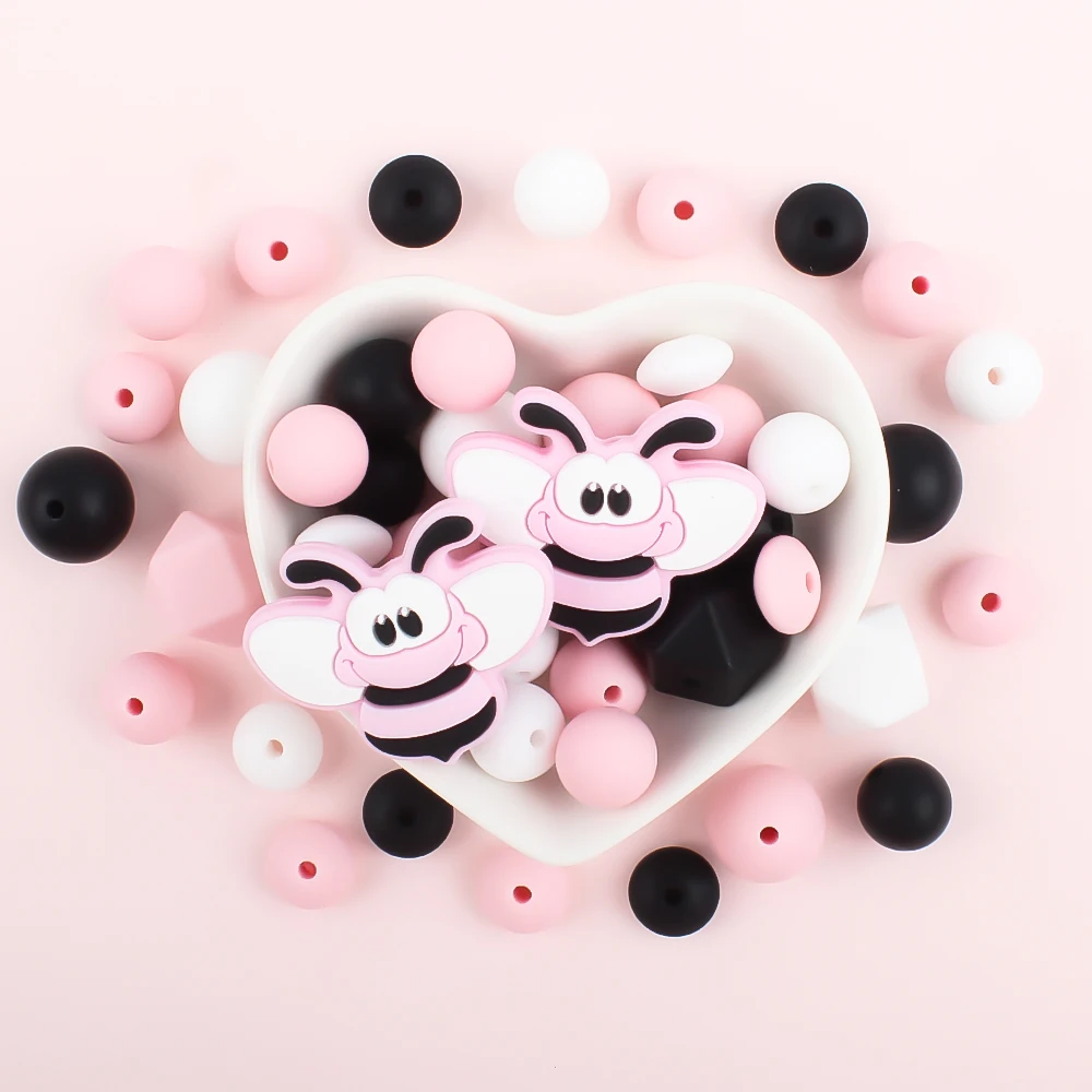 65Pcs/Set Silicone Beads Round Lentil Cartoon Bee Beads Set Necklace Accessories Toys Sets for DIY Pacifier Clips Chain