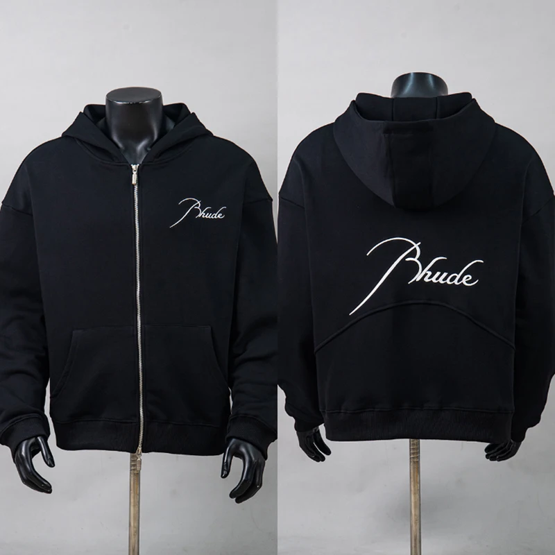 New RHUDE Men's Cropped Zip Hooded Sweatshirt Black Chest Script Embroidery Logo Casual Streetwear Top