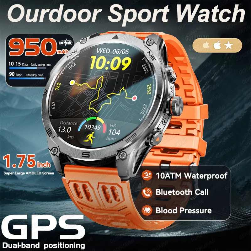 

2025 Новые военные 1,75 "AMOLED Bluetooth Call Смарт-часы GPS Компас Высотомер 950 мАч 10 АТМ Водонепроницаемые спортивные умные часы для мужчин