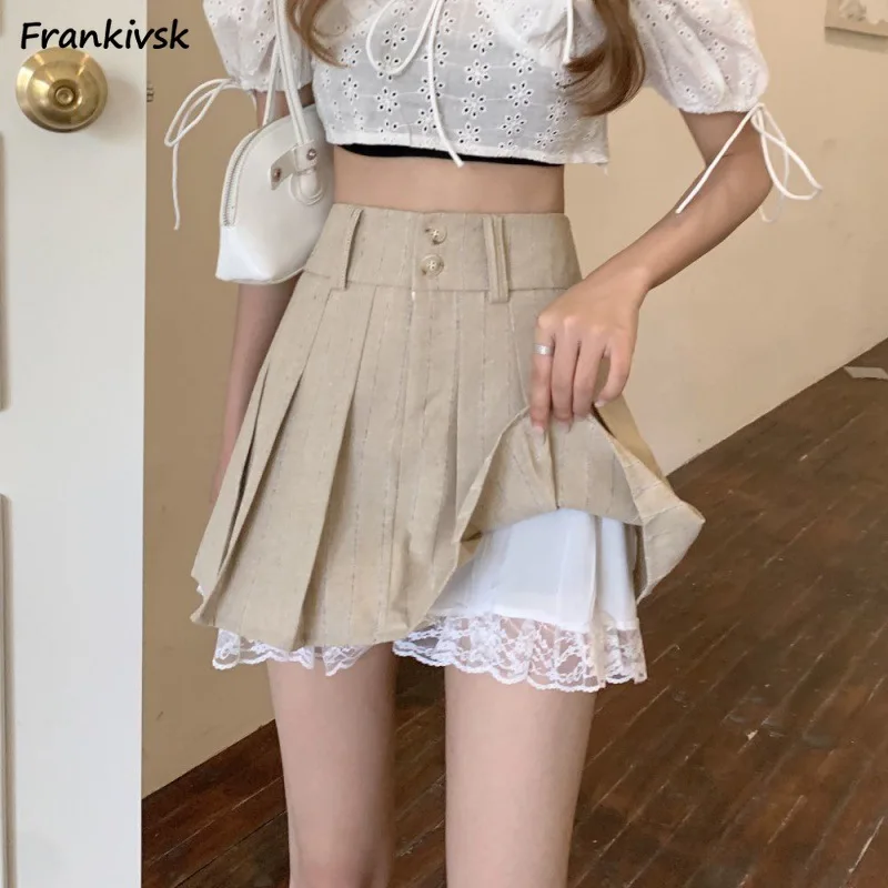 Mini Skirts Women All-match Y2k Pleated High Street Korean Style Summer Fashion Anti-glare Lace-design Hotsweet A-line College