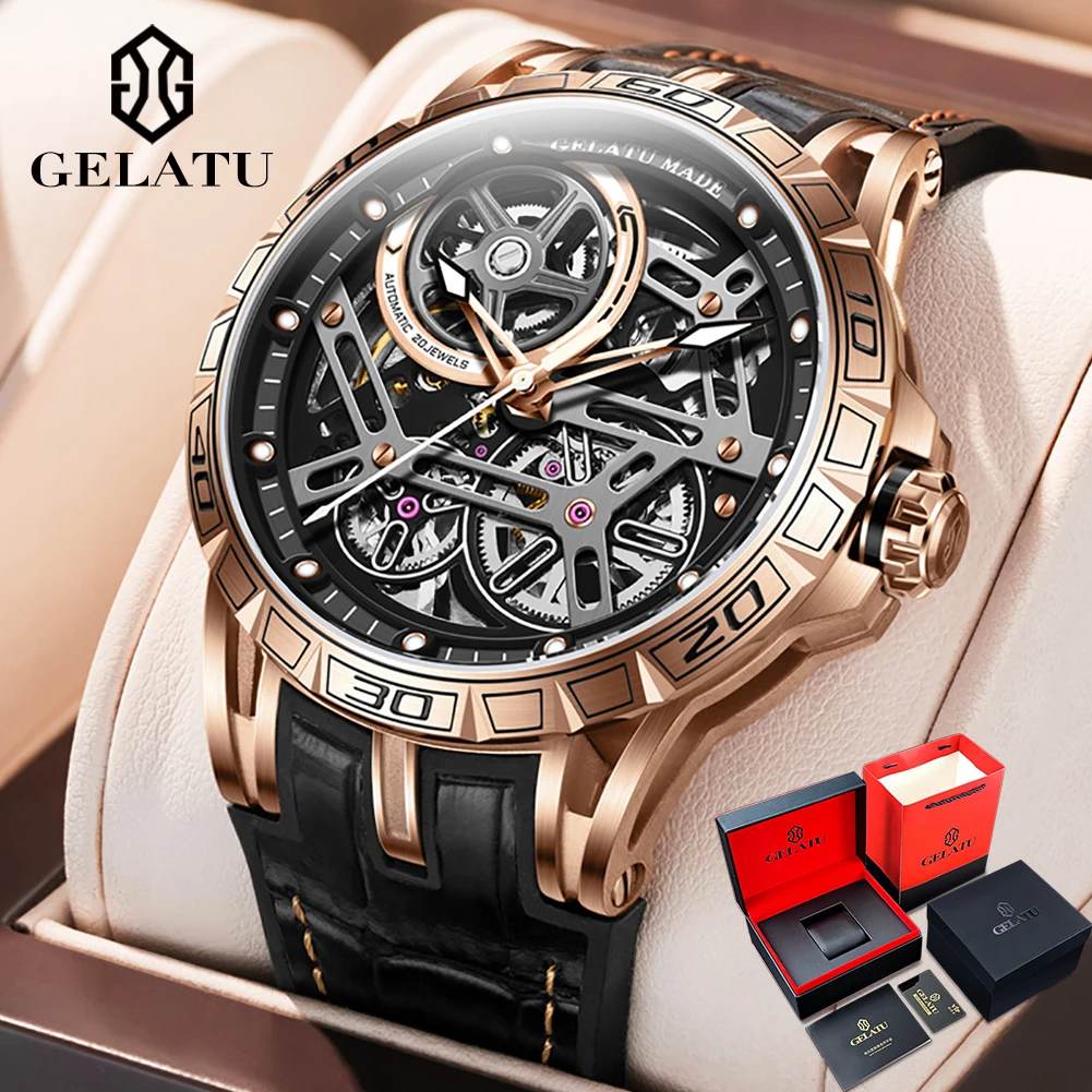 

GELATU 6015 Fashion Hollow Skeleton Mechanical Watch For Men 45mm Big Dial Sapphire Mirror Wristwatch Waterproof Automatic Watch