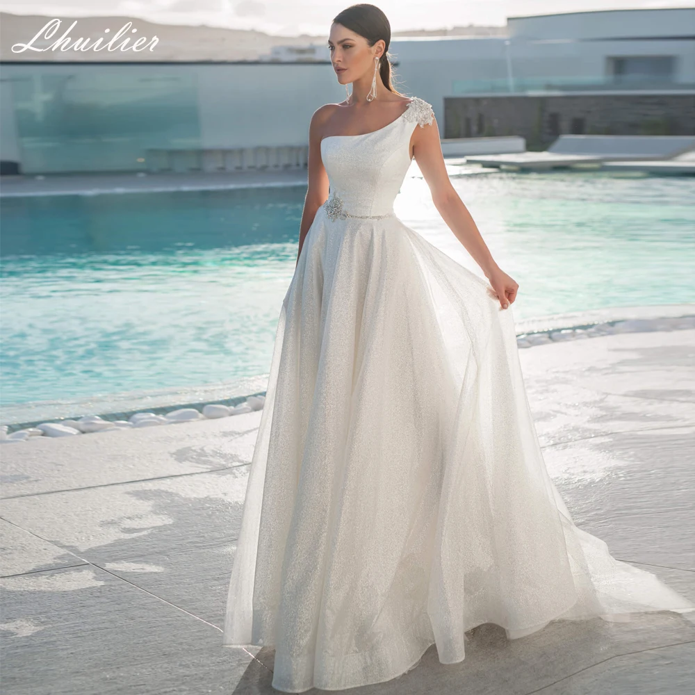 Lhuilier Customized A-line One Shoulder Tulle Wedding Dresses Sleeveless Crystal Beaded Glitter Tulle Bridal Gown