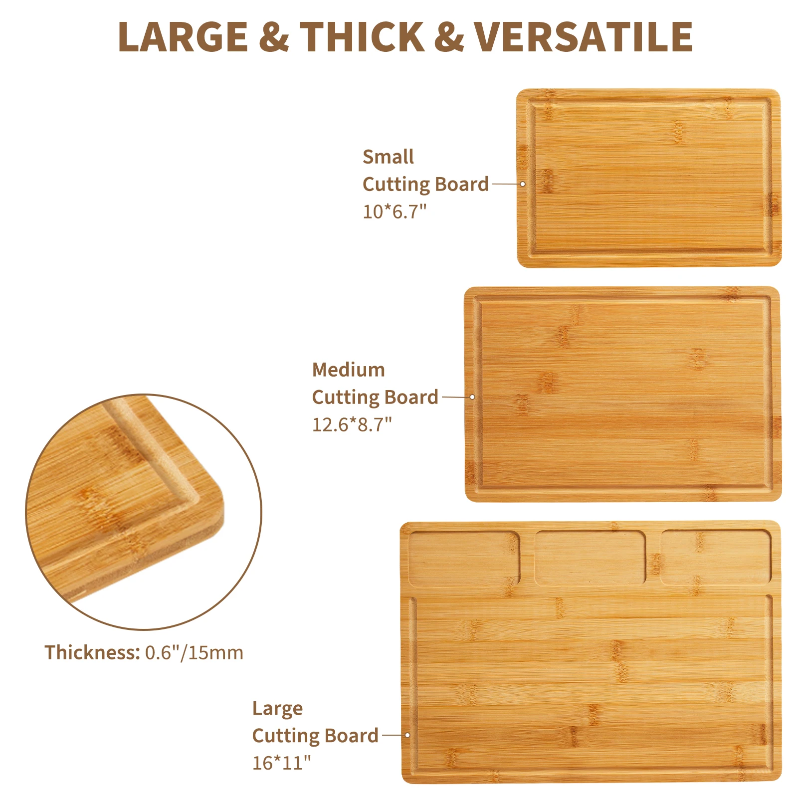 Bamboo Cutting Board Set, 3-Piece Natural Wood Cutting Boards with Juice Groove, Prep Slots and Inner Handles, Food-Grade Kitchen Chopping Boards for Meat, Vegetables, Fruit and Cheese