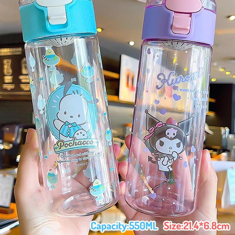 Cute Sanrio Cartoon Flip Top Garrafa de água, copo de água transparente, adequado para esportes ao ar livre, fitness, viagens, 550ml, 18.6oz