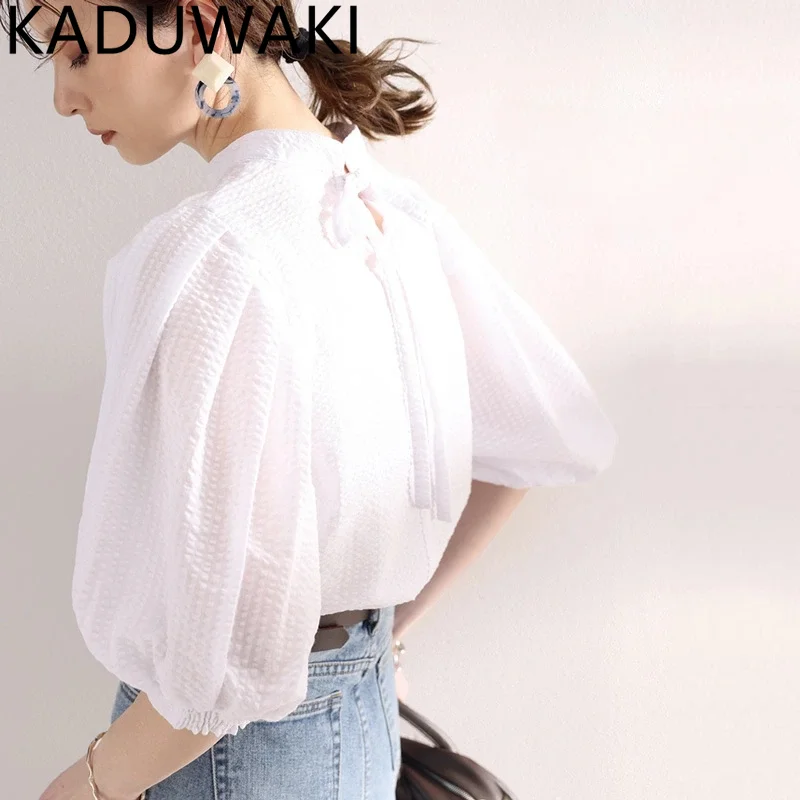 

Japan Style Stand Collar Blusas Mujer Stripes Puff Sleeve Summer Lace Up Elegant Women Blouses Basic Sweet Shirts 2024 New