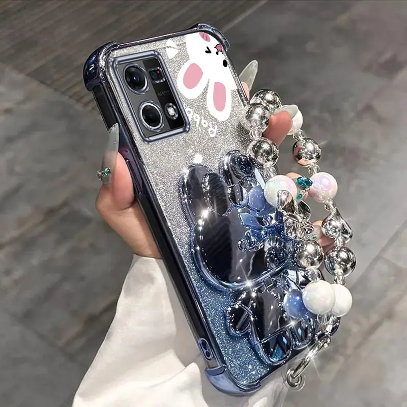Airbag Glitter Mirror Rabbit Phone Holder Case On For Oppo Reno 4 4z 4F 5 5F 7 8 8T Lite 4G 5G Anti-knock Stand Back Cover