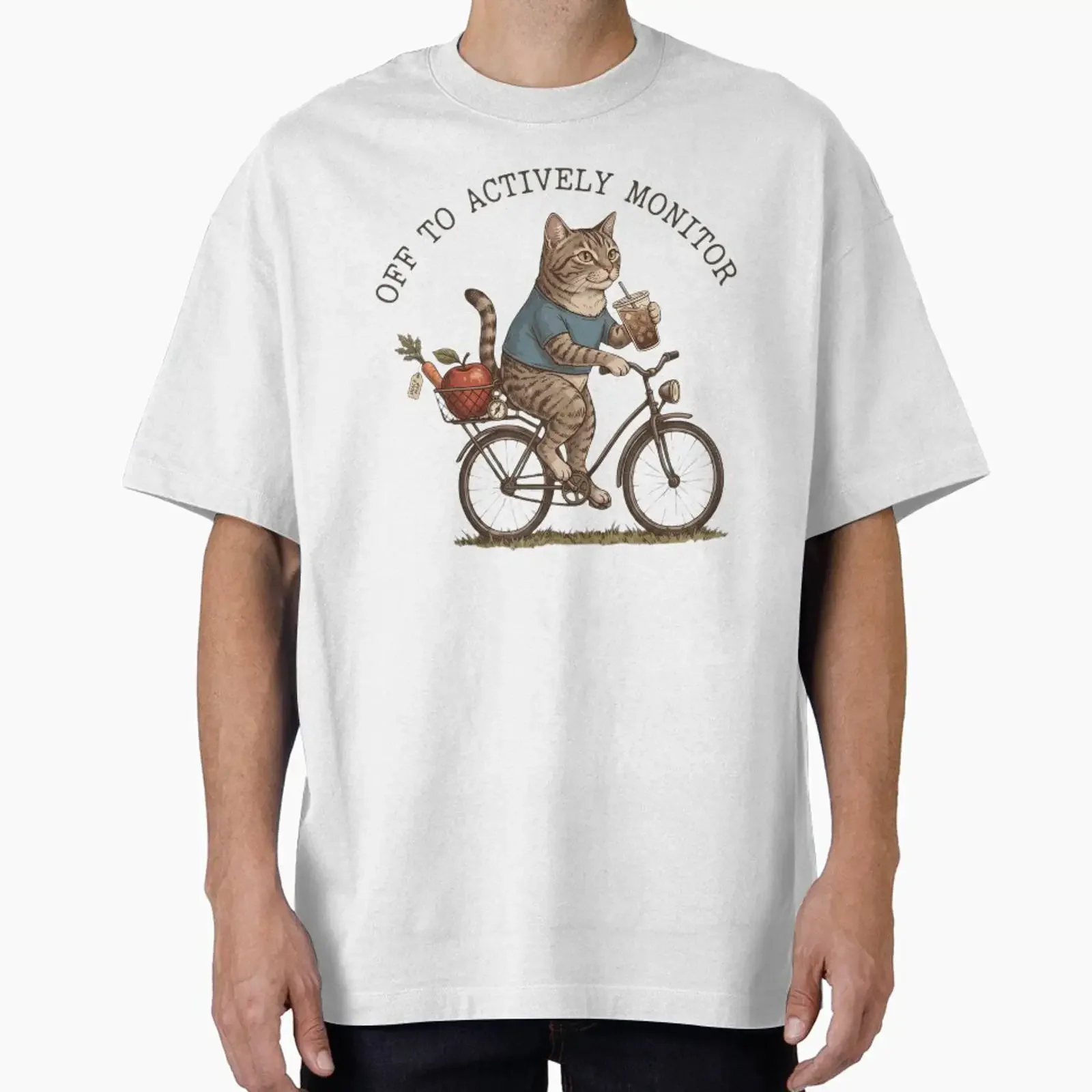 Off To Actively Monitor Funny Cat Riding Bicycle Vintage Illustration Oversized T Shirt vintage Washed Soft Breathable