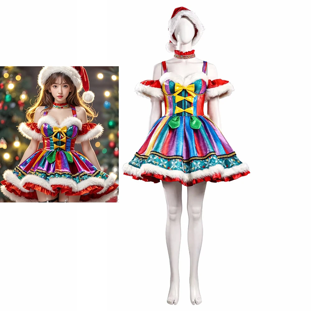 Christmas Caroler Gorgeous Costume For Women Fantasia Colorful Dress with Hat Full Set Xmas Party New Year Fancy Ball Gown