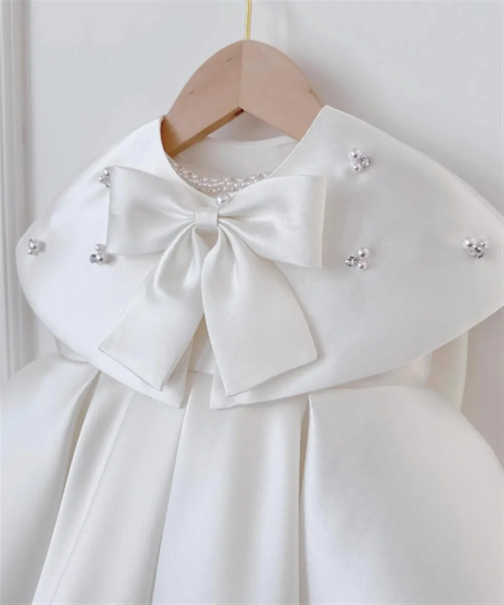 Elegancka sukienka dla dziewczynki na wesele, perłowa satynowa sukienka bez rękawów z kokardą, vintage peleryna, sukienka księżniczki na przyjęcie urodzinowe, chrzest.