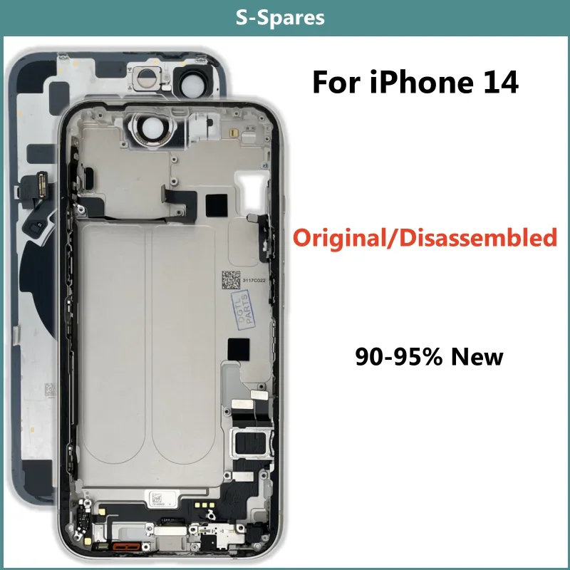 90-95% New Original Disassembled Middle Frame Housing Back Glass Cover For iPhone 14 with NFC Wireless Charger Assembly