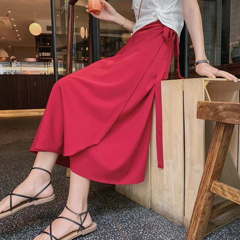 Summer Skirts Women Casual High Waist Side Tie Beach Vacation  Wrap Skirt Girl Solid Elegant Midi Skirt Woman Clothes 9 Colors