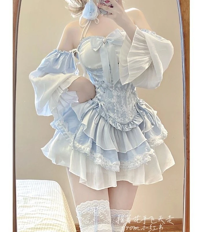 Pure Hot Girl Ice Jade Girl's off-Shoulder Stitching Lace Bow Waist-Tight Dress Strap Waist-Tied Suit