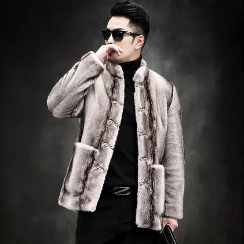 Menswear Winter Warmth Faux Mink Coat Jacket New Golden Mink Fur Chinese Style Jacket Lapel Casual Trend JacketsSingle Breasted