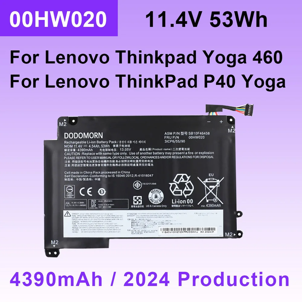 

00HW020 For Lenovo ThinkPad Yoga 460 20EL/P40 Yoga 20GQ 20GR Laptop Battery 00HW021 SB10F46458 SB10F46459 11.4V 53Wh 4390mAh