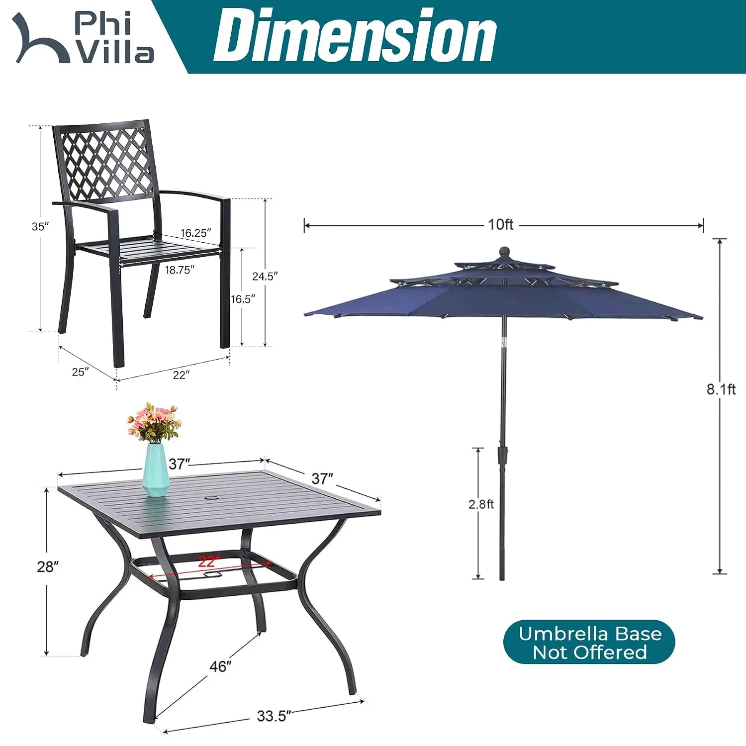 4-Piece Outdoor Dining Set, Square Metal Table & 10ft Umbrella, Patio Garden Furniture, Customized