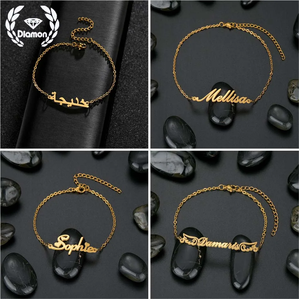 Diamon אישית מותאם אישית שם נירוסטה מכתב צמיד כנף שלט מתכוונן קולר שרשרת לנשים תכשיטי מתנה