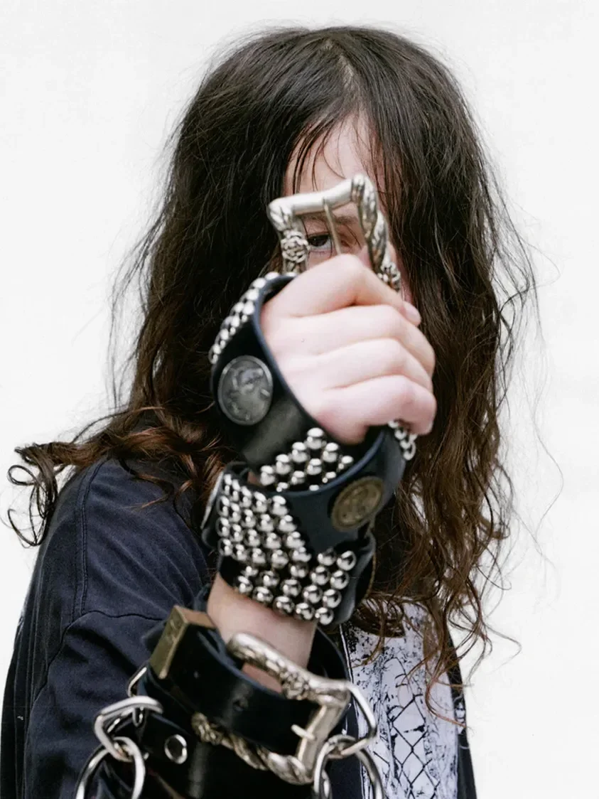 ER/D Rose Button Head Coin Rivet Punk Top Cowhide Rock Wind Belt