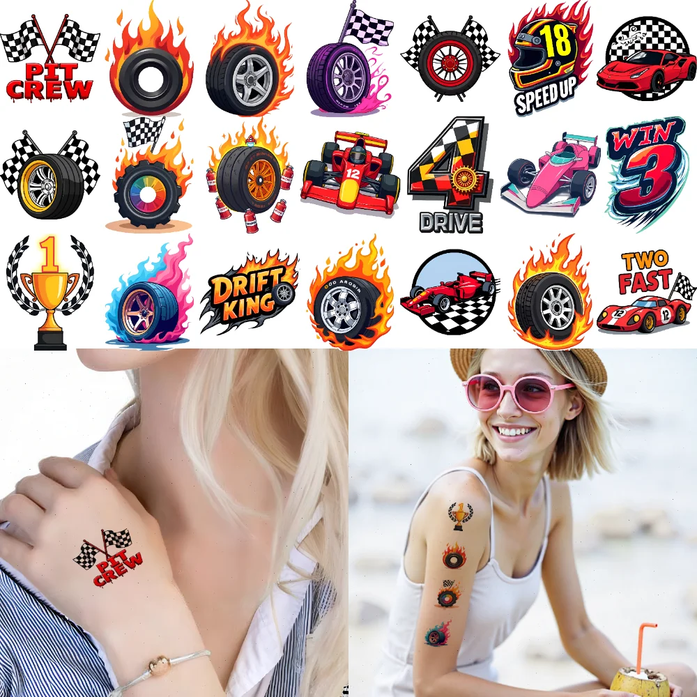 63 pièces tatouage temporaire voiture course autocollants dessin animé vitesse autocollants temporaire tatouage autocollants pour les femmes
