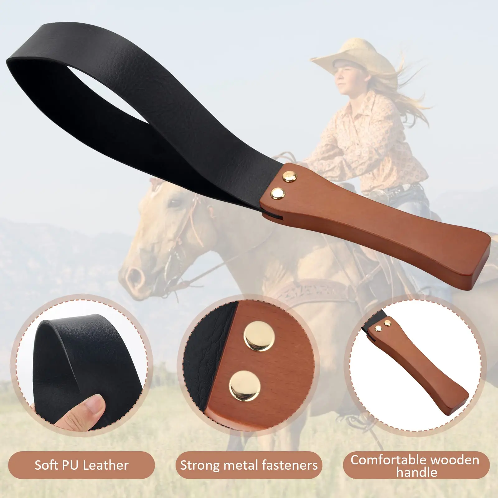 Riding Crop for Horses, Leather Paddle with Anti-Slip Wooden Handle, 19\'\' Equestrianism Crops