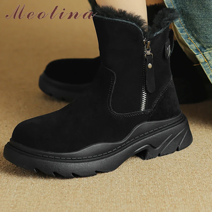 Meotina Women Genuine Leather Ankle Short Boots Round Toe Thick Mid Heels Zipper Platfrom Wool Snow Boots Ladies Shoes Winter 40