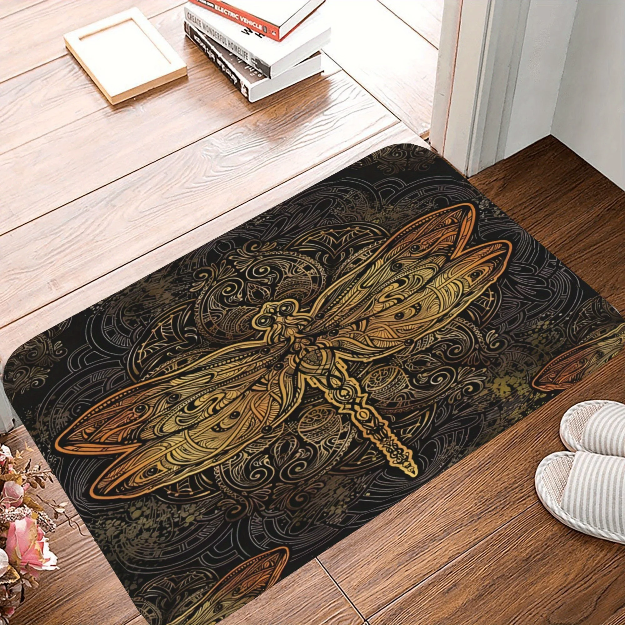 

1PC Golden Dragonfly Elegance Kitchen Rug Non-Slip Door Mat Pop design Bathroom Rug Bath Mat Carpet for Home Sink Laundry Decor