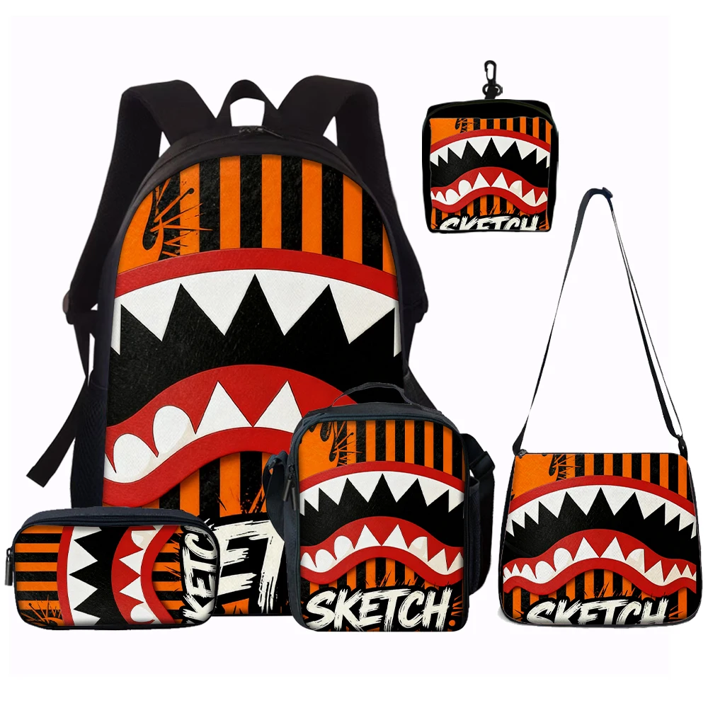1/2/3/4/5PCS Trendy Shark Graphic Backpack Set | Perfect for School & Daily Adventures