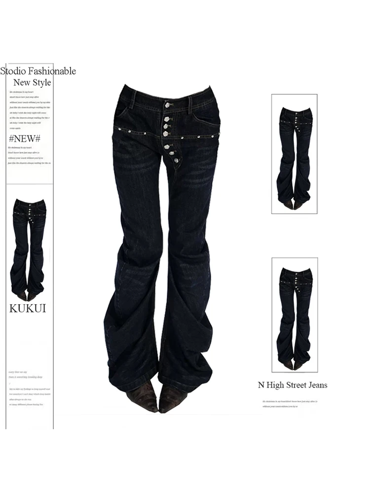Mujer diseño Dark Academia Harajuku Y2K tiro bajo Flare Jean Y2K japonés Abi pantalones vaqueros 2000s Bell-Bottom Cyber Punk Grunge