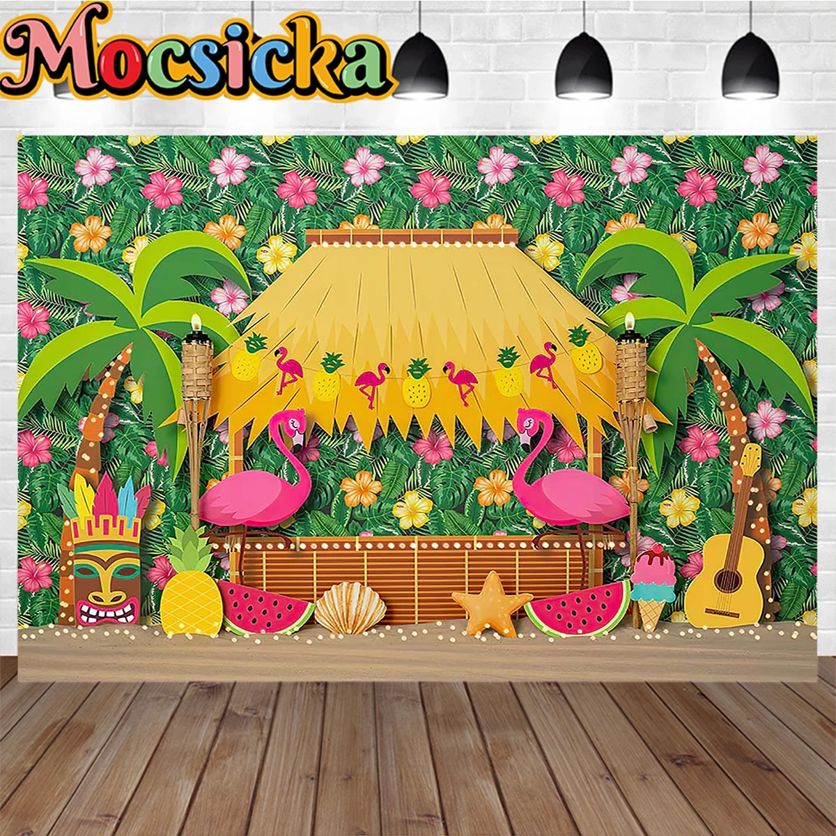 Summer Hawaii Tropical Forest Party Floar Decor Background Green Leaf Flamingo Fruit Mask Light House Backdrop Wedding Birthday