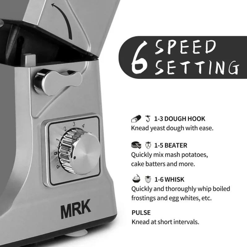 

Ready To Ship MRK 5L Dough Hook, Flat Beater And Whisk Attachments, Splash Guard 6 Speed Settings Electric Stand Mixer