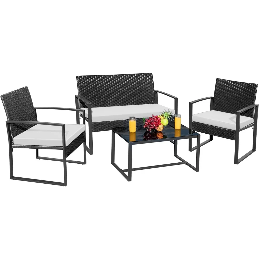 4 Piece Patio Furniture Set Outdoor Wicker Conversation Bistro Rattan Chairs with Coffee Table for Garden,Pool,Lawn, White