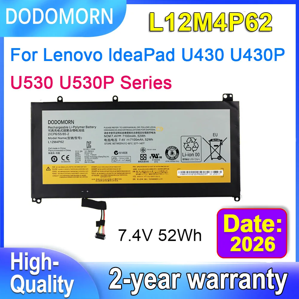 

DODOMORN Laptop Battery L12M4P62 For Lenovo IdeaPad U430 U530 U430P U530P Series Batteries L12L4P62 2ICP6/55/85-2 7.4V 52Wh