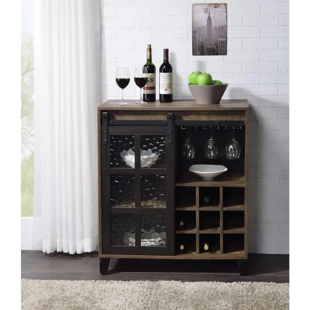 

Brown Solid Wood Wine Cabinet Obscure Glass with 9 Racks 3 Cup Holders Finish