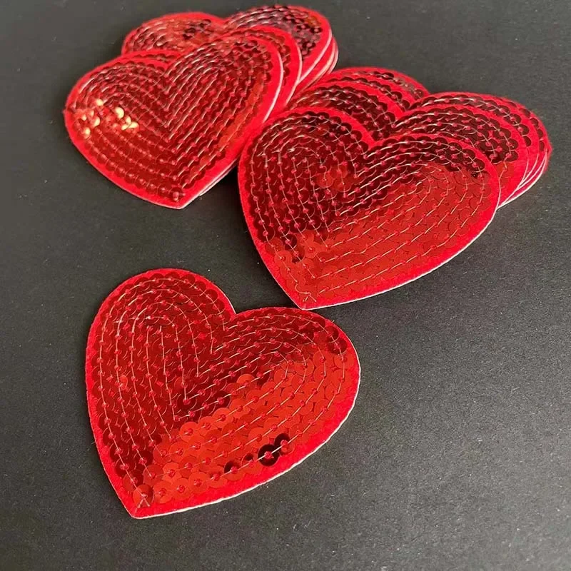 6*7CM/5PCS Red Sparkle Heart Sequin Applique Patch Thermocollants,Clothes Sticker Fabric Embroidery Iron On Patches For Clothing