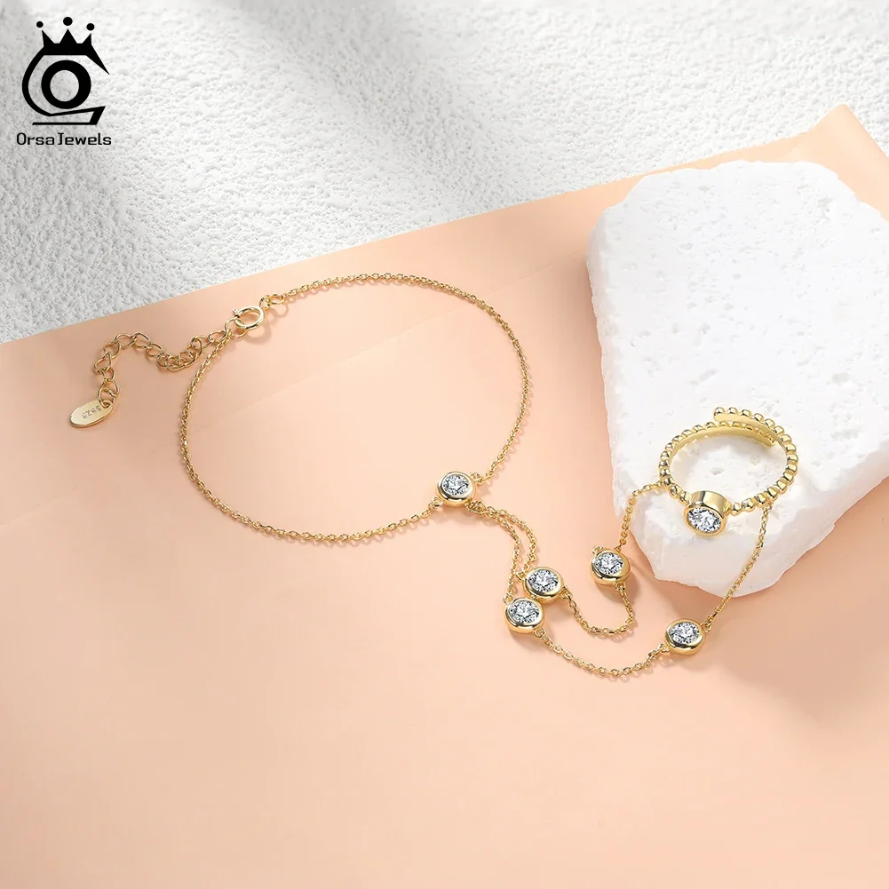 

ORSA JEWELS Luxury 925 Sterling Silver 5A Zirconia Finger Chain Bracelet for Women Fashion Hand Decoration Jewelry Gifts APV05