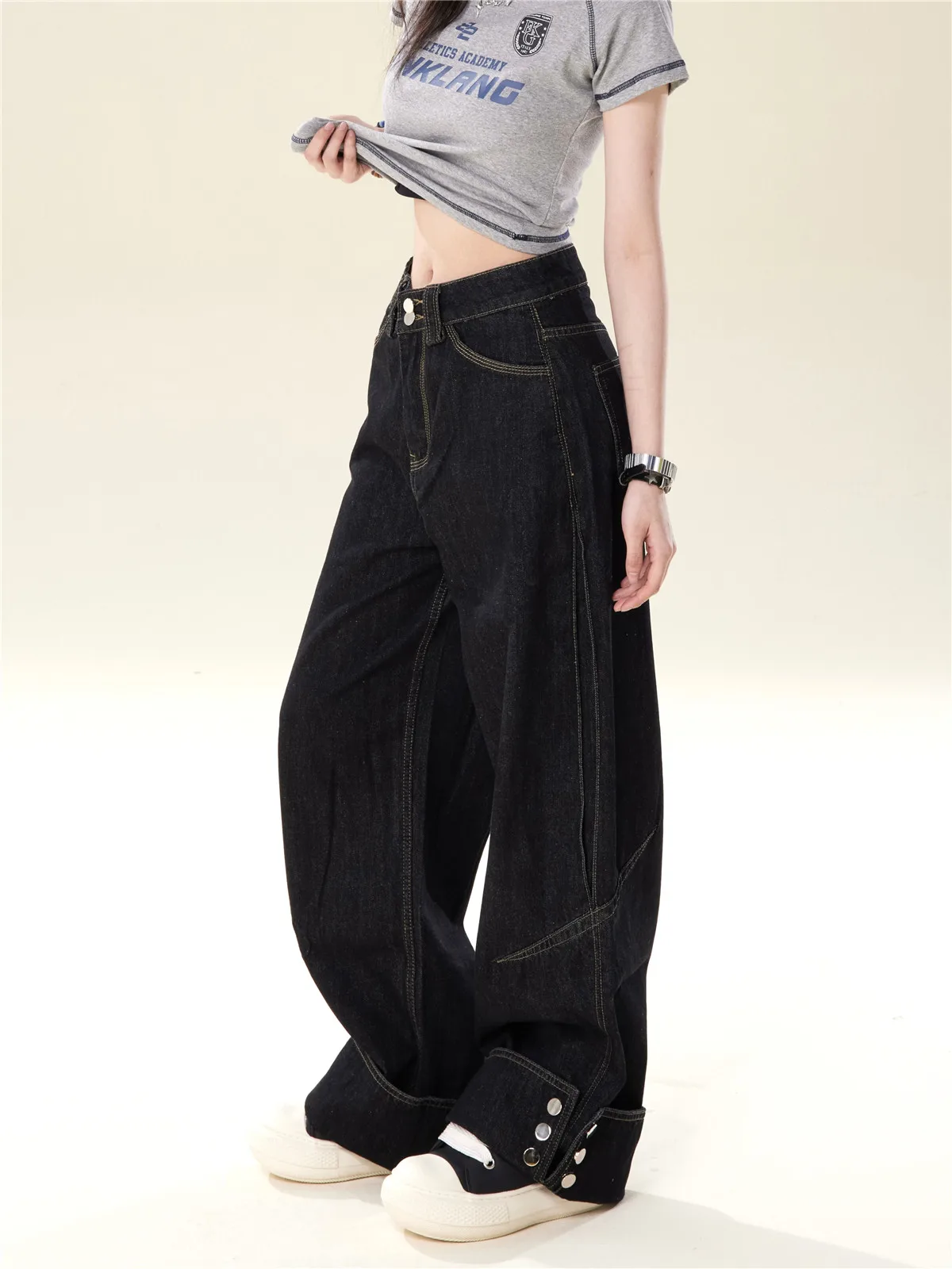

American Retro Loose Straight High Waist Black Jeans Women Heavy Industry Flip Design Wide Leg Floor-Length Pants