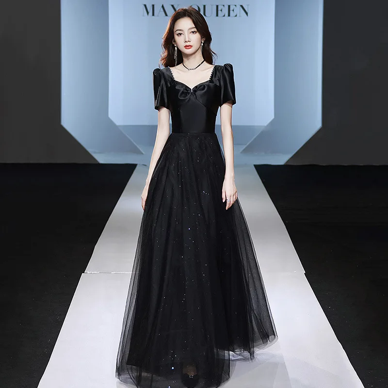 

Women Black Mesh Prom Party Dress Sparkly Stylish Square Neck Cheongsam Oversize 3xl Elegant Puff Sleeve Vestidos De Festa