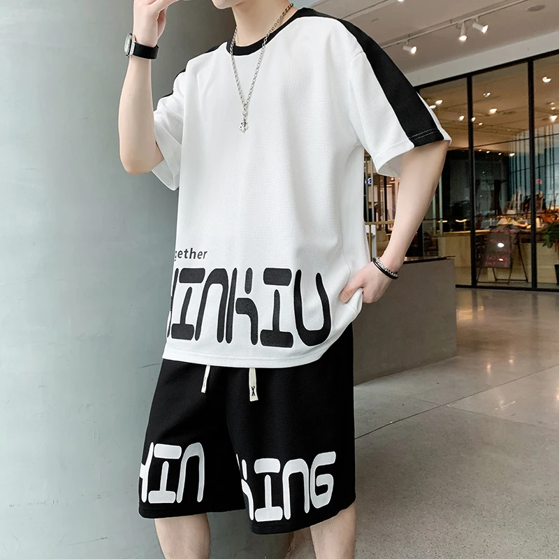 

Мужской спортивный костюм для бега Harajuku с принтом, лето 2022, спортивный костюм, Мужская футболка, спортивные шорты, комплект, модная повседневная футболка, мужские комплекты