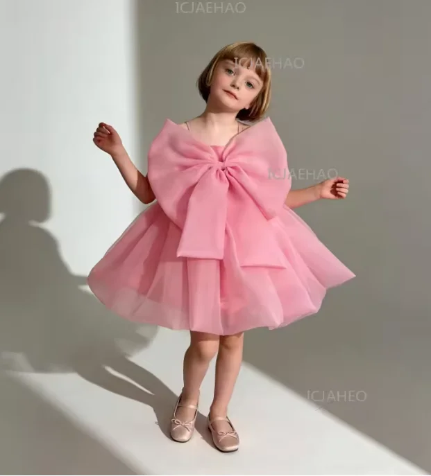 Summer Kids Formal Dress Vestido Children Girls Tutu Pink Performance First Birthday Party Princess Gown Pageant Costume