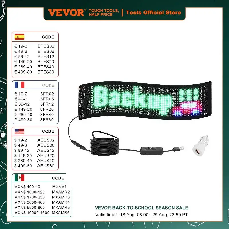 VEVOR Custom Text Animation Pattern Display Board Bluetooth APP Control Message Shop Sign for Store Business Car Bar Advertising