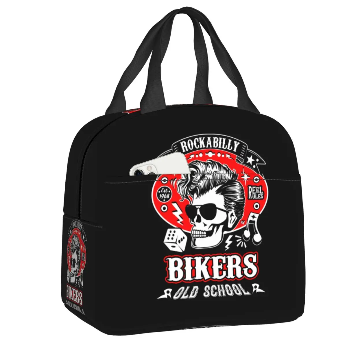 

Rockabilly Music Rock N Roll Bikers Skull Rockers Psychobilly Thermal Insulated Lunch Bag Women Portable Lunch Tote Food Box